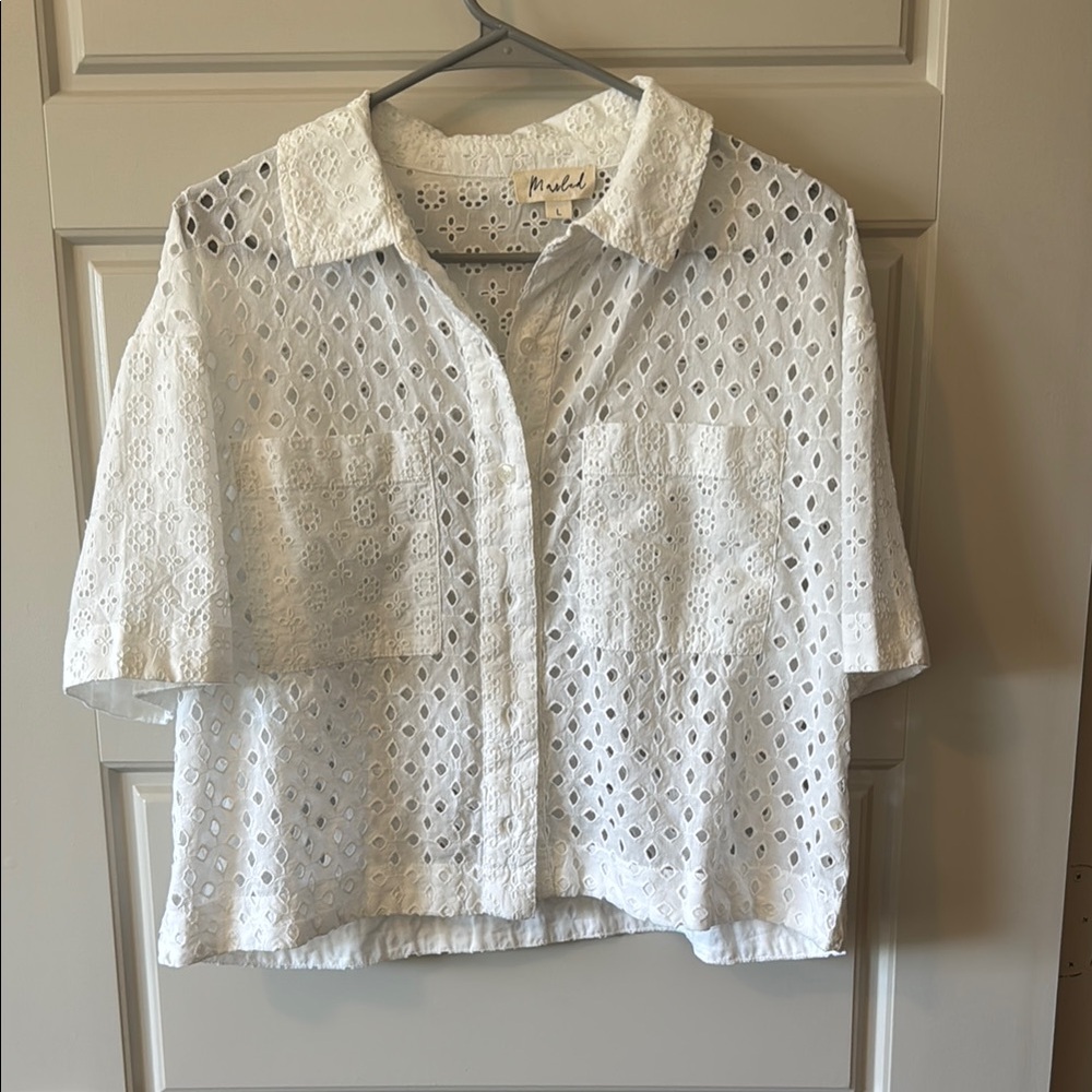 Marled White Eyelet Crop Blouse